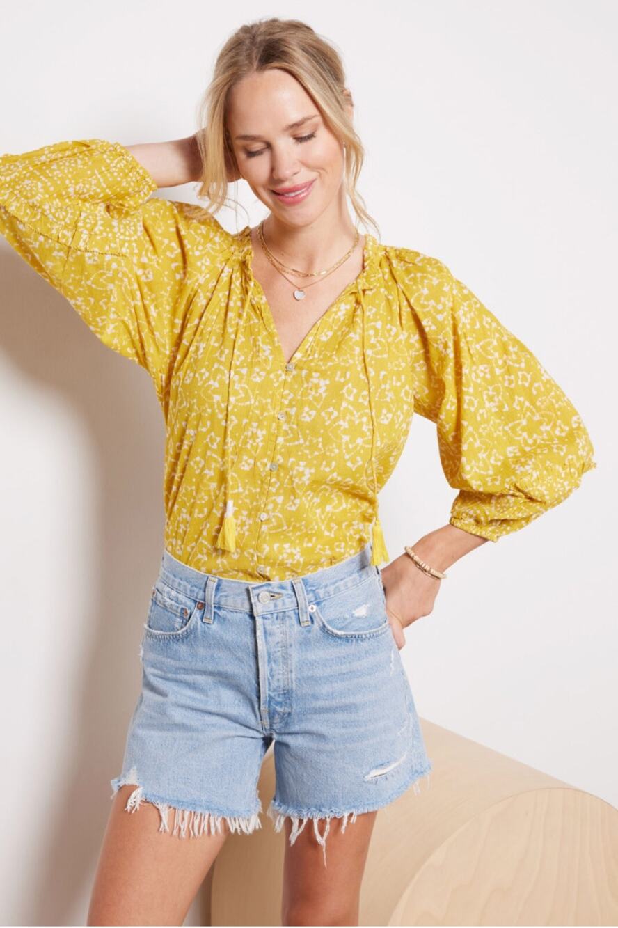 CLEOBELLA NWT Evereve Lyra Puff Sleeve Organic Cotton Blouse in Yellow // XL